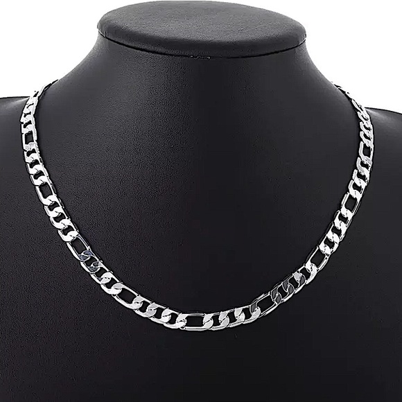 SILVER CUBAN FIGARO CHAIN LINK NECKLACE + BRACELET STERLING STMP .925  SET - Picture 3 of 7